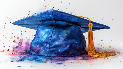 A blue graduation cap with watercolor splashes sits on a white background.