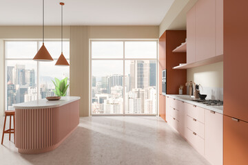 Fototapeta premium Modern kitchen interior with city view and stylish design. 3D Rendering