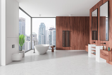 Home bathroom interior with tub, toilet and double sink. Panoramic window