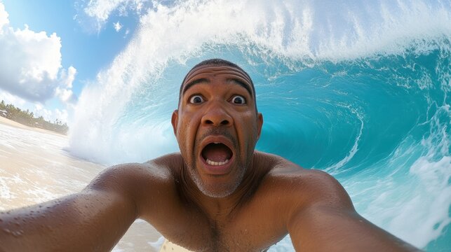 Surfer captures thrilling moment as massive wave crashes behind him, AI