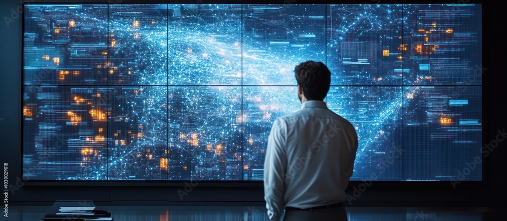 Poster a man stands in front of a large screen displaying a digital network with a futuristic glow.