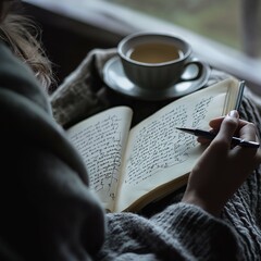 A person journaling with a cup of tea by their side, reflecting on life on a calm Sunday, Sunday journaling, self-reflection