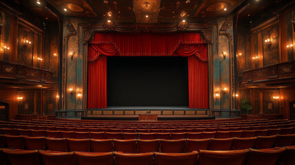A luxurious theater auditorium viewed from behind with seats at a higher elevation in the back and lower closer to the stage. The stage is a blank black screen with red curtain pulled back.