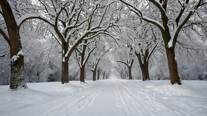  A mesmerizing vista of snow-laden trees lining a path, their branches intertwined to create a captivating archway.