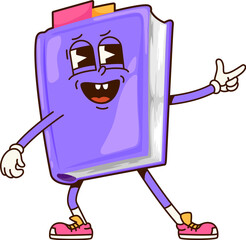 Groovy book school character. Student education cheerful cartoon mascot, child study textbook or school literature happy retro isolated vector character. Bestseller book cute isolated groovy personage
