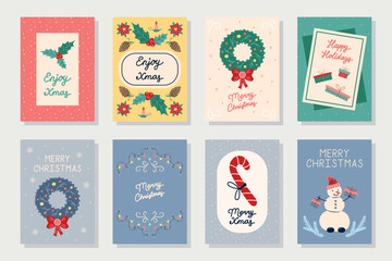 Hand Drawn Christmas 8 Cards collection. Pastel colors. Christmas and New Year. Vector illustration.