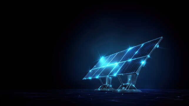 A glowing low poly solar panel represents renewable energy on a dark blue background, alternative energy technology, green energy, solar rooftop