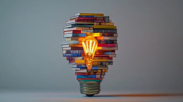 A light bulb made of colorful books shines bright, symbolizing knowledge and creativity. Ideas grow from reading and learning every day.