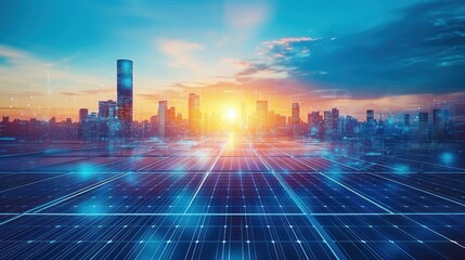 Obraz premium Futuristic cityscape with solar panels digital connections and energy data visualizations in the background, solar rooftop, city energy, futuristic city