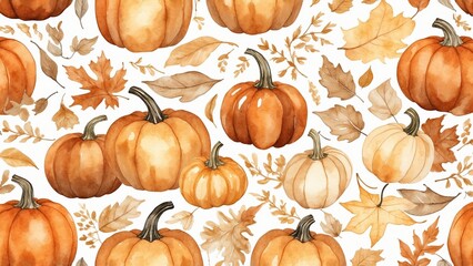 Watercolor pumpkin and autumn leaves pattern on white background