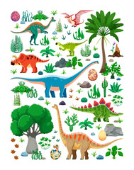 Prehistoric era dinosaur characters and dino lizards in jungle forest, cartoon vector. Funny dinosaurs and prehistoric pterodactyl lizards of Jurassic era for kids dino paleontology encyclopedia © Vector Tradition