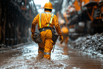 Construction worker wear safety uniform are excavation water drainage at construction site