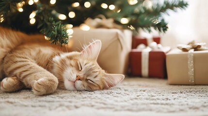 Cozy Cat Sleeping Under Christmas Tree