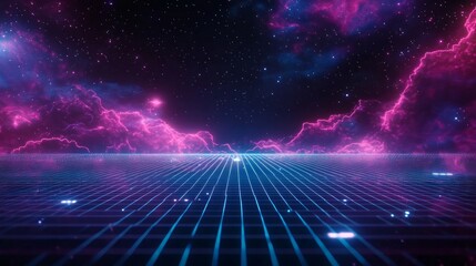 A retro-futuristic landscape with a grid pattern on the ground and pink and blue clouds in the sky.