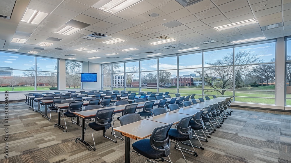 Aufkleber empty classroom with rows of desks and chairs