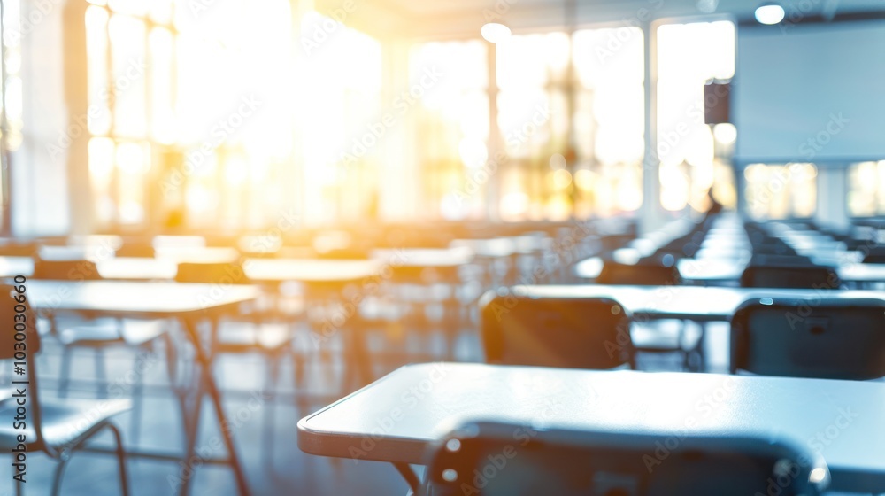 Poster empty classroom with rows of tables and chairs in a brightly lit room