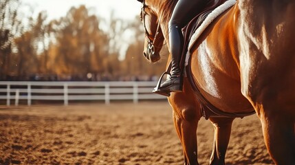 A rider in black riding boots sits astride a brown horse in an arena with white fencing, the horse's hindquarters and tail are visible as the rider looks toward the crowd at the end of a competition.