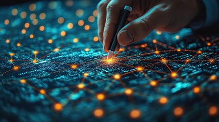 A businessman connects social network dots with a marker in a close-up view.