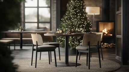 Fototapeta premium Cozy Dining Room with Christmas Tree and Light Decor