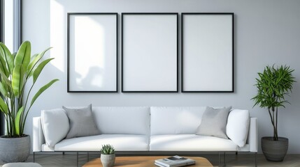 Modern living room with a white sofa and empty frames on the wall.