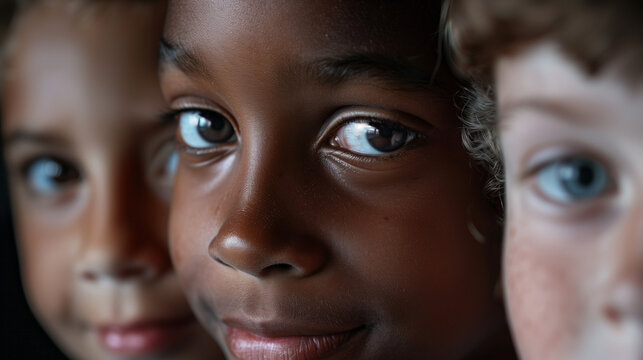 Diverse Children's Faces Smiling Directly at Camera, AI-Driven Online School Emotional Intelligence Banner, Dark Cinematic Background
