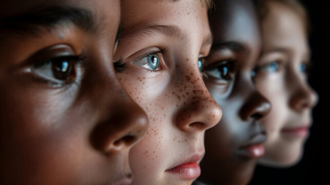 Diverse Children's Faces Smiling Directly at Camera, AI-Driven Online School Emotional Intelligence Banner, Dark Cinematic Background