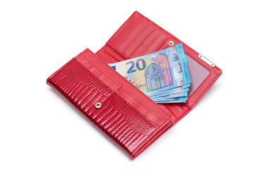Opened Red Women Purse with 20 Euro Banknotes Inside - Isolated on White Background. A Wallet Full of Money Symbolizing Wealth, Success, Shopping and Social Status - Isolation