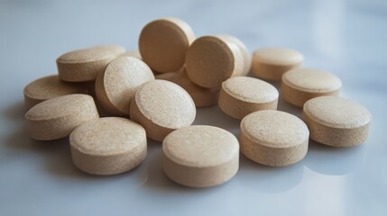Pills for Wellness: A close-up shot of a pile of round, beige pills on a white surface, emphasizing health and wellness.  The image is perfect for illustrating concepts related to medicine.