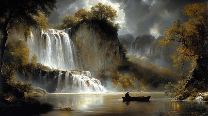 A cascade scene includes a human fishing from a boat in a rural landscape.