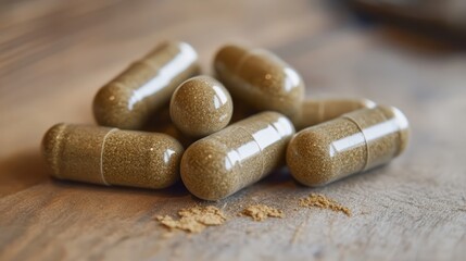 Herbal Supplement Capsules on Wooden Surface 