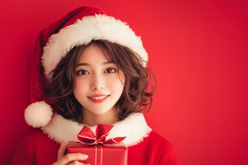 サンタクロースのコスプレで赤い服とサンタの帽子をかぶった若い日本人女性とクリスマスプレゼント・ギフト(美人モデル)