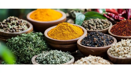 Fototapeta premium Aromatic Spices Collection: Vibrant array of exotic spices in wooden bowls, capturing the essence of culinary adventure and global flavors. 