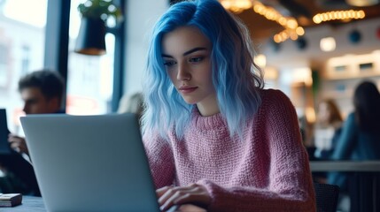 Young woman with blue hair working on laptop in a cozy cafe, focused and engaged in her task, creatively inspired by the environment.