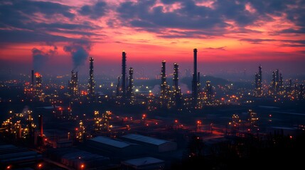 Obraz premium A city skyline at night with many tall buildings and a large oil refinery. The lights from the buildings and the refinery create a warm and inviting atmosphere