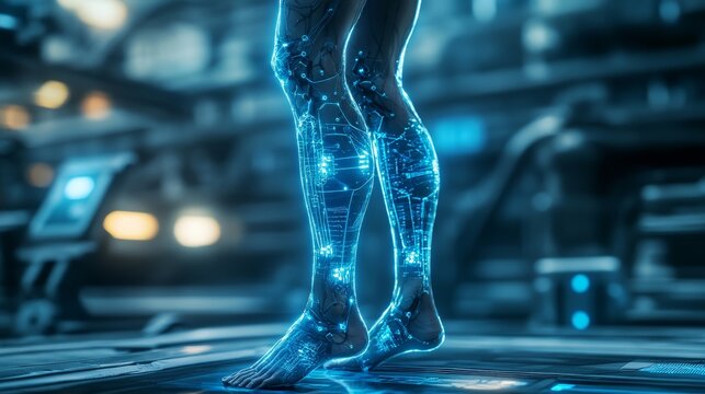 Sci-fi knee hologram showcasing osteoarthritis pain, intricate joint braces in glowing neon blue, floating in a futuristic medical environment
