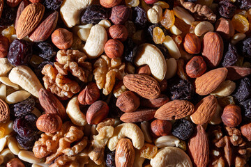 Mixed Nuts: Almonds, Walnuts, Cashews, Peanuts, Hazelnuts, Dried Prunes and Raisins. Different Nut Mix. Background from Various Nuts and Dried Fruits