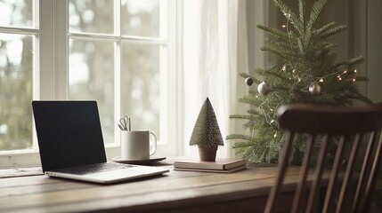 Cozy workspace with Christmas tree and laptop