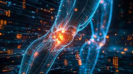 Sci-fi styled X-ray of a knee joint with osteoarthritis, glowing neon cartilage, futuristic translucent braces, and data indicators floating in the air