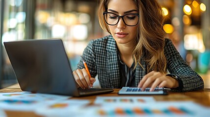 Fototapeta premium A businesswoman calculates finances at a desk with laptop and documents in close-up.