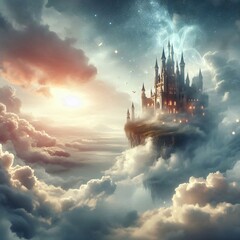Fototapeta premium Floating castle in the clouds with ethereal light