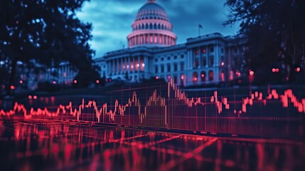 A stock market chart with the White House in the background shows a downward trend in close-up.