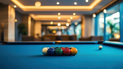 Billiard table with cue and balls