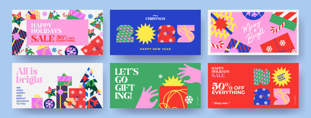 Merry Christmas holiday covers or horizontal posters, greeting cards in modern geometric style for web, branding, social media advertising, promo, print, sales. Trendy Xmas layout design templates