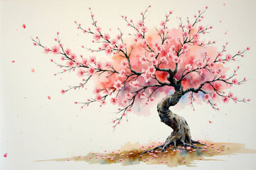 Japanese cherry tree blooming with pink flowers watercolor painting