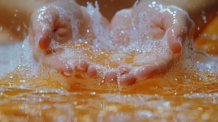Fototapeta premium Hand washing is depicted close-up at a basin with soap.