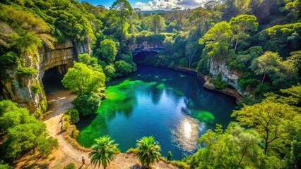 Fototapeta premium Explore the peaceful allure of Curitiba Cave Lake Park, a hidden treasure in Brazil where nature invites you to unwind and rejuvenate amidst stunning landscapes.