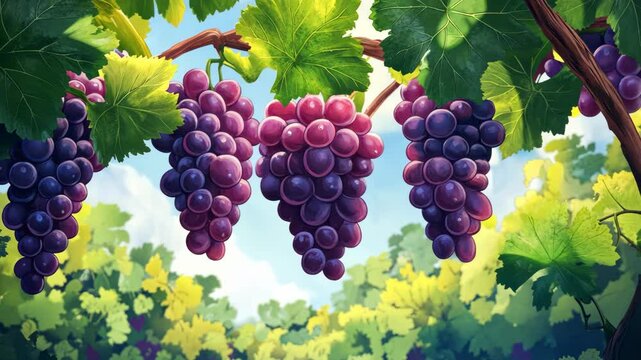 Three bunches of ripe grapes hang from a vine on a sunny day
