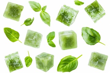 Obraz premium Frozen green puree cubes, green vegetables, broccoli freeze, mashed iced greens, blended frozen mint