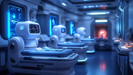Robotic laser surgery in a high-tech OR, featuring holographic displays for detailed surgical guidance and patient monitoring.