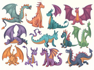 Funny dragons doodle set, cartoon dino, graphic dinosaurs isolated, monster animals